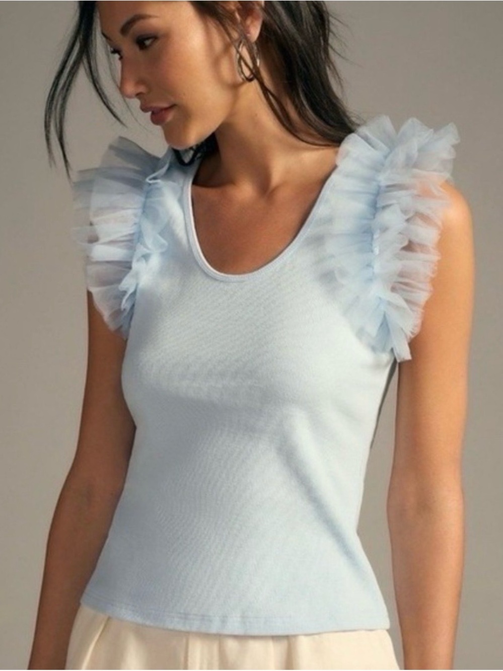 Anthropologie Dolan L Tulle Ruffle Sleeve Tank Blue Ribbed Knit
